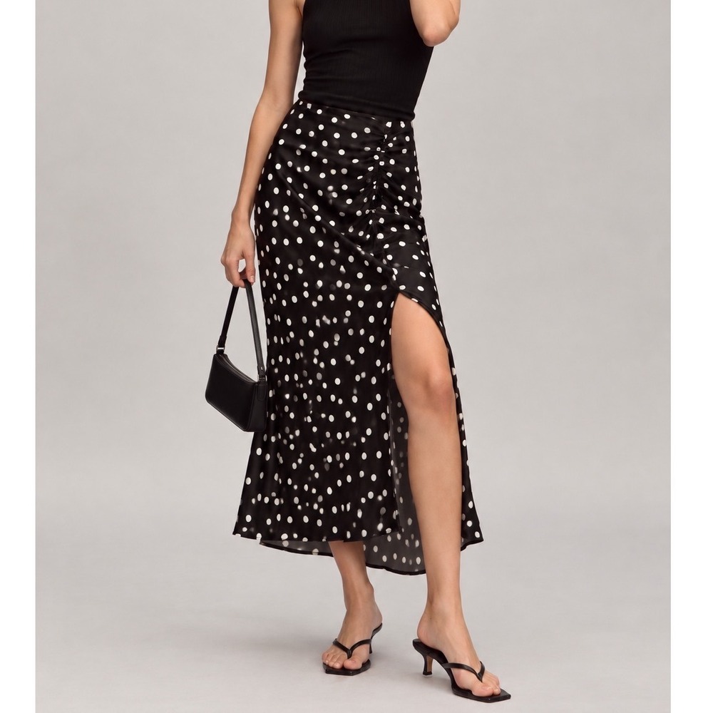 Anthropologie Maeve Mel Midi Skirt XS Polka Dot French Girl Retro Femme Ruched